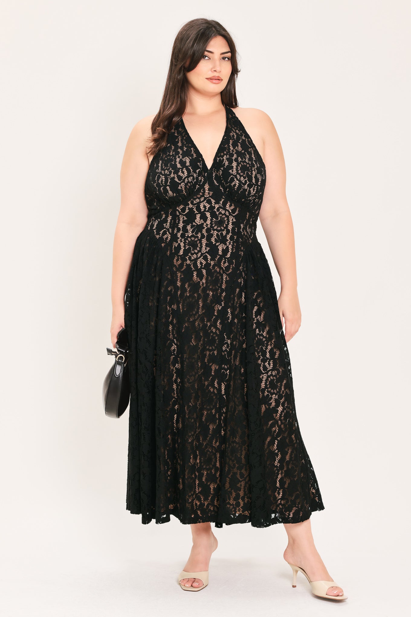 MIDNIGHT GARDEN HALTER WOVEN LACE MIDI DRESS