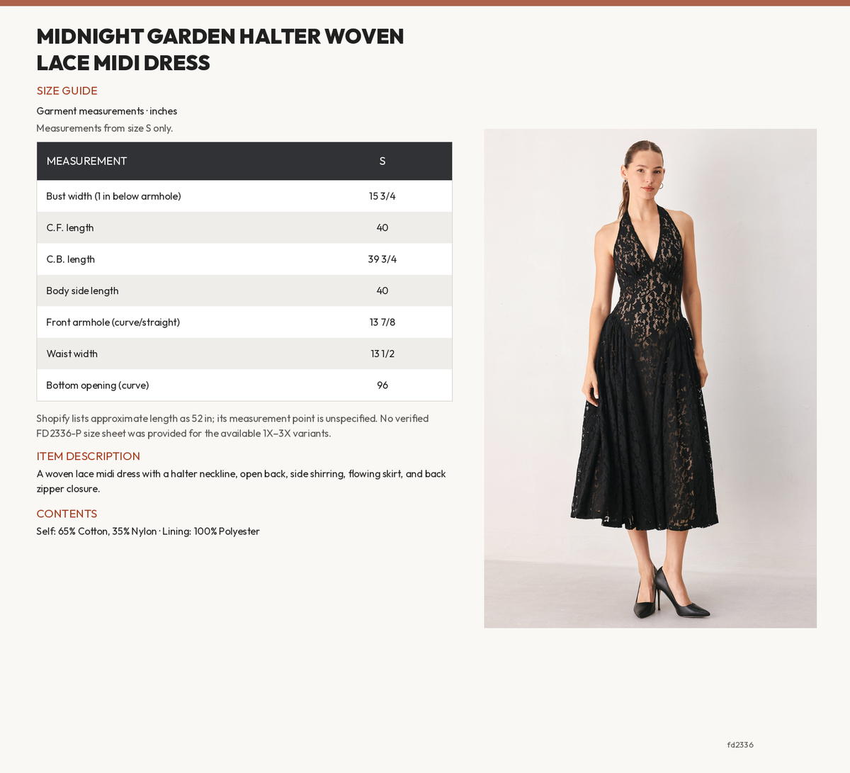 MIDNIGHT GARDEN HALTER WOVEN LACE MIDI DRESS size chart
