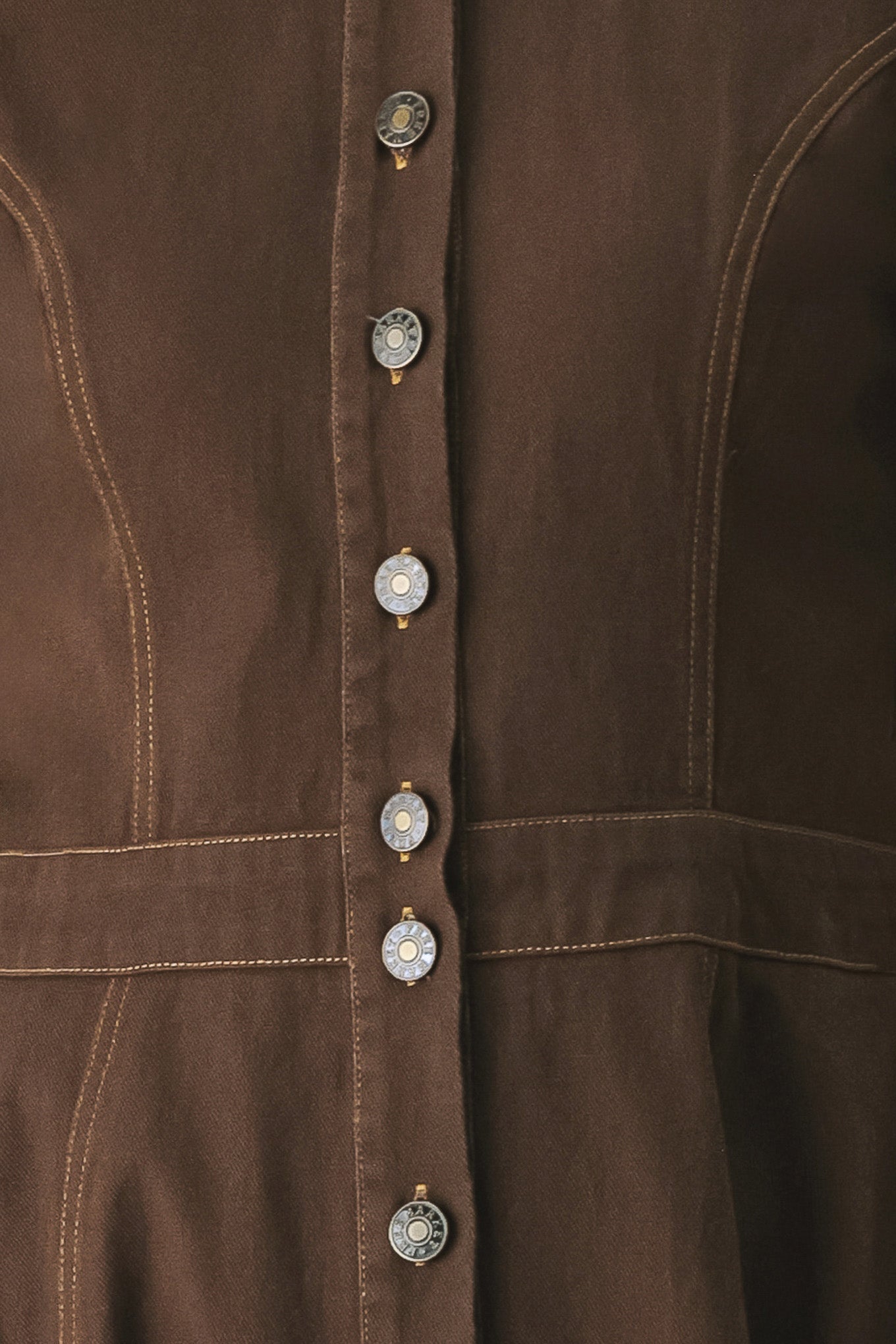 A woman modeling a dark brown short-sleeve midi shirt dress with a button-down front and a defined waist seam | FREEMARKET