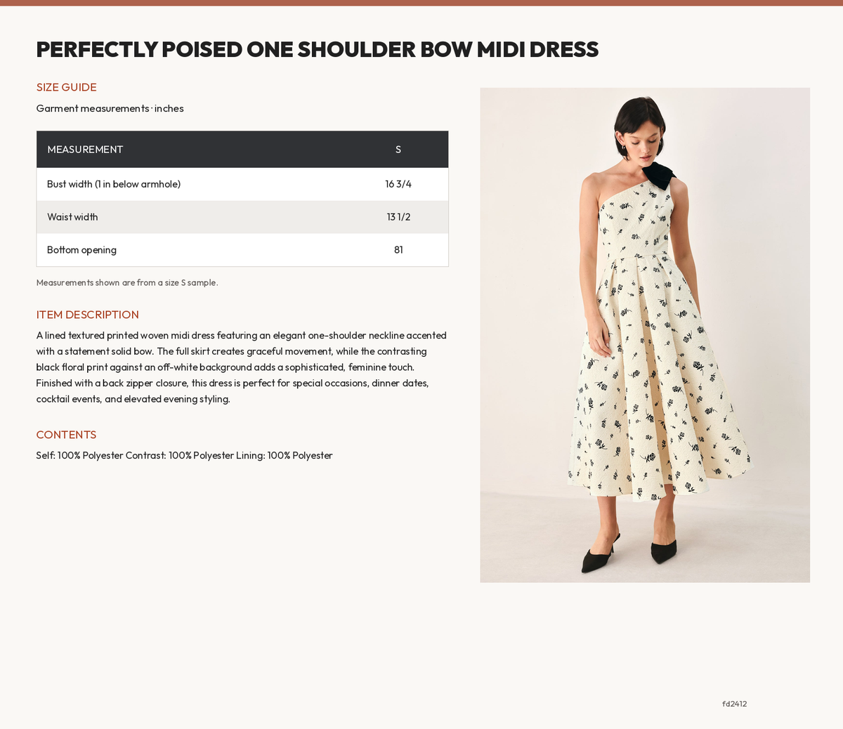 PERFECTLY POISED ONE SHOULDER BOW MIDI DRESS size chart