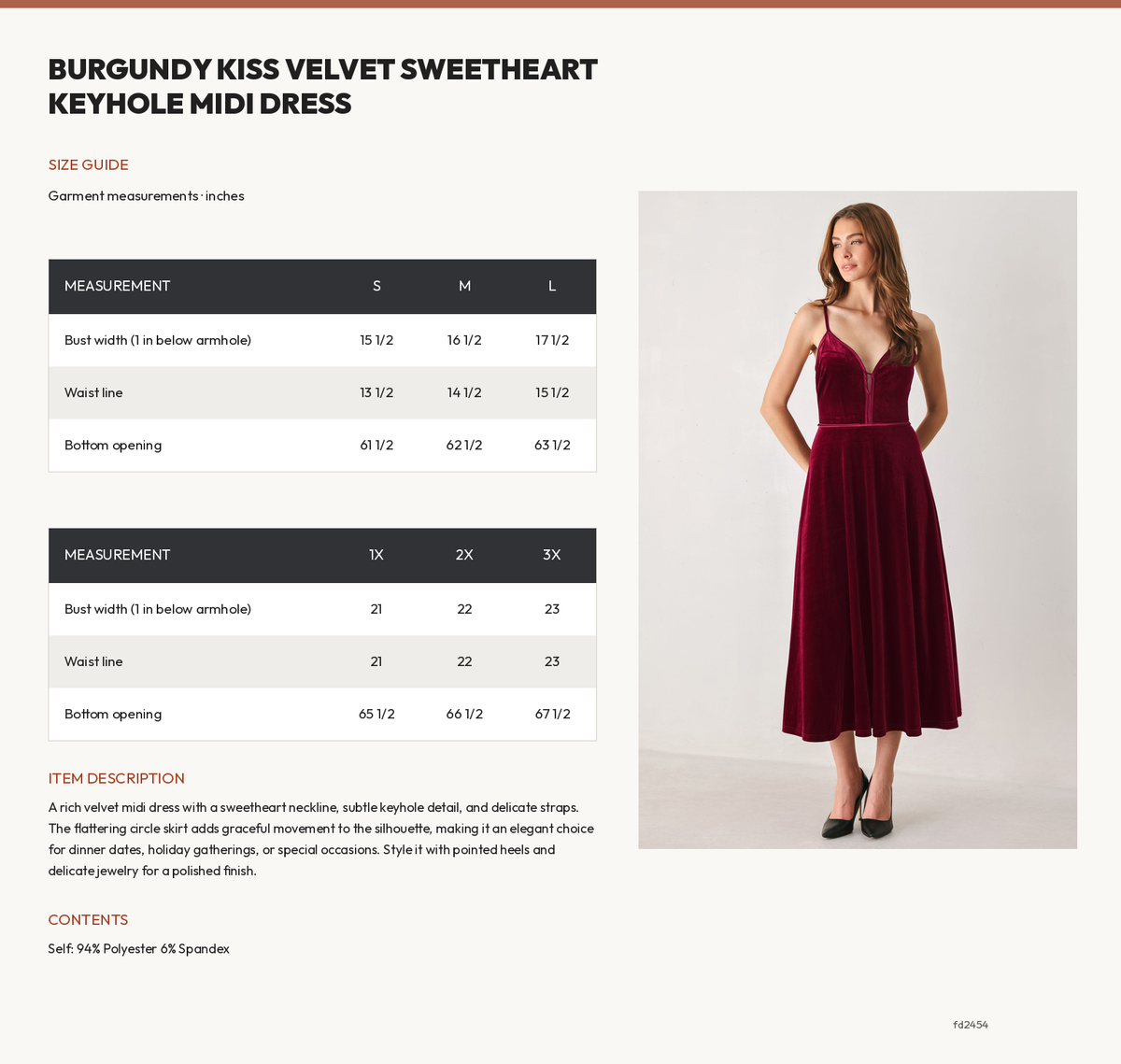 BURGUNDY KISS VELVET SWEETHEART KEYHOLE MIDI DRESS size chart
