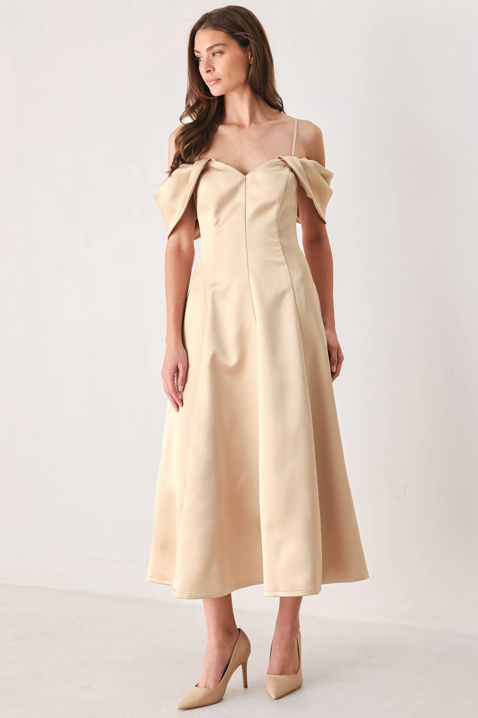 CHAMPAGNE ROMANCE CHAMPAGNE PINK OFF-SHOULDER MIDI DRESS