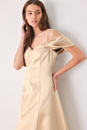CHAMPAGNE ROMANCE CHAMPAGNE PINK OFF-SHOULDER MIDI DRESS