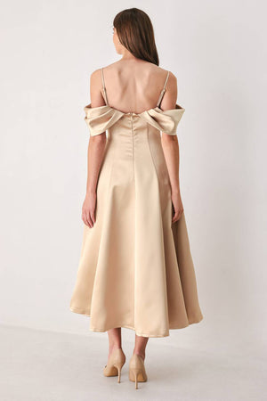 CHAMPAGNE ROMANCE CHAMPAGNE PINK OFF-SHOULDER MIDI DRESS