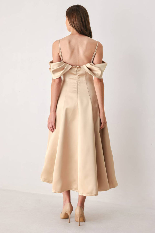 CHAMPAGNE ROMANCE CHAMPAGNE PINK OFF-SHOULDER MIDI DRESS