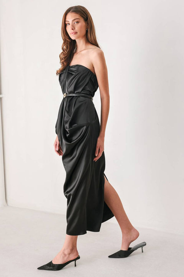 NOIR DRAPE BLACK RUCHED TULIP-SKIRT MIDI DRESS