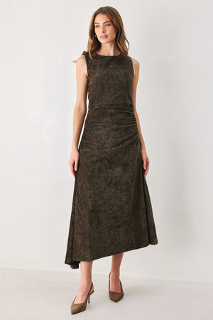 Woman wearing a brown sleeveless chenille midi dress with side ruching and asymmetrical hemline | FREEMARKET