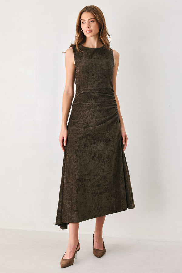 Woman wearing a brown sleeveless chenille midi dress with side ruching and asymmetrical hemline | FREEMARKET