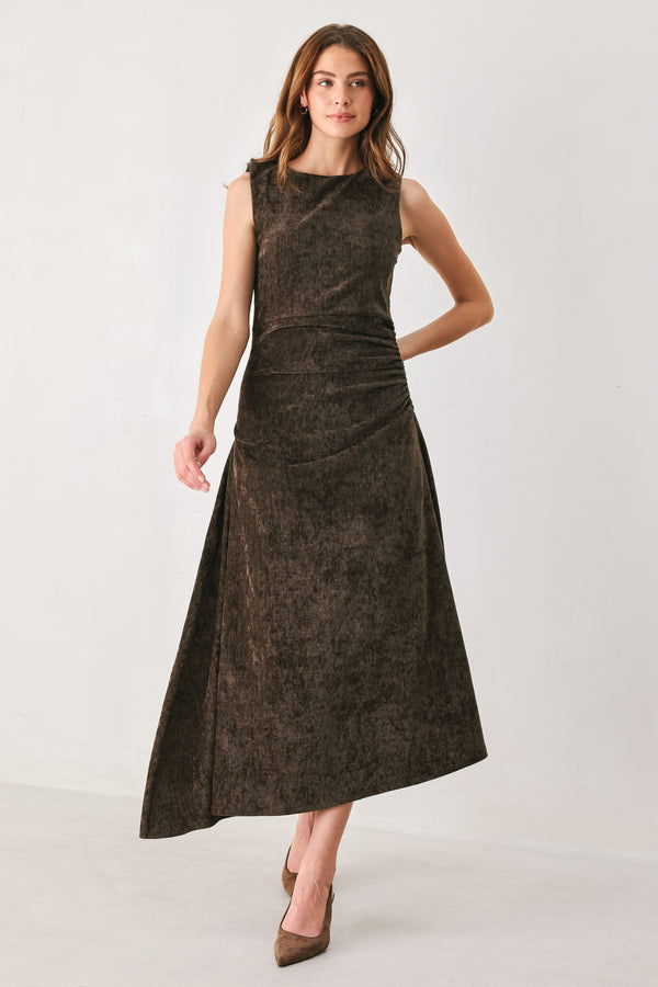Woman wearing a brown sleeveless chenille midi dress with side ruching and asymmetrical hemline | FREEMARKET