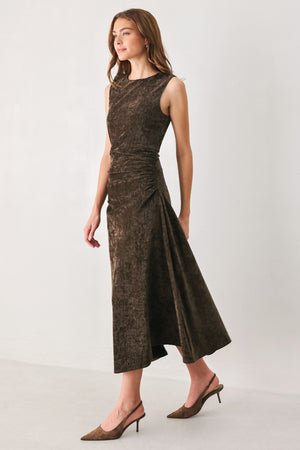 Woman wearing a brown sleeveless chenille midi dress with side ruching and asymmetrical hemline | FREEMARKET