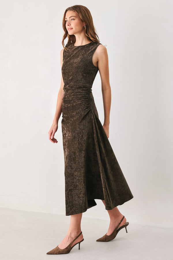 Woman wearing a brown sleeveless chenille midi dress with side ruching and asymmetrical hemline | FREEMARKET