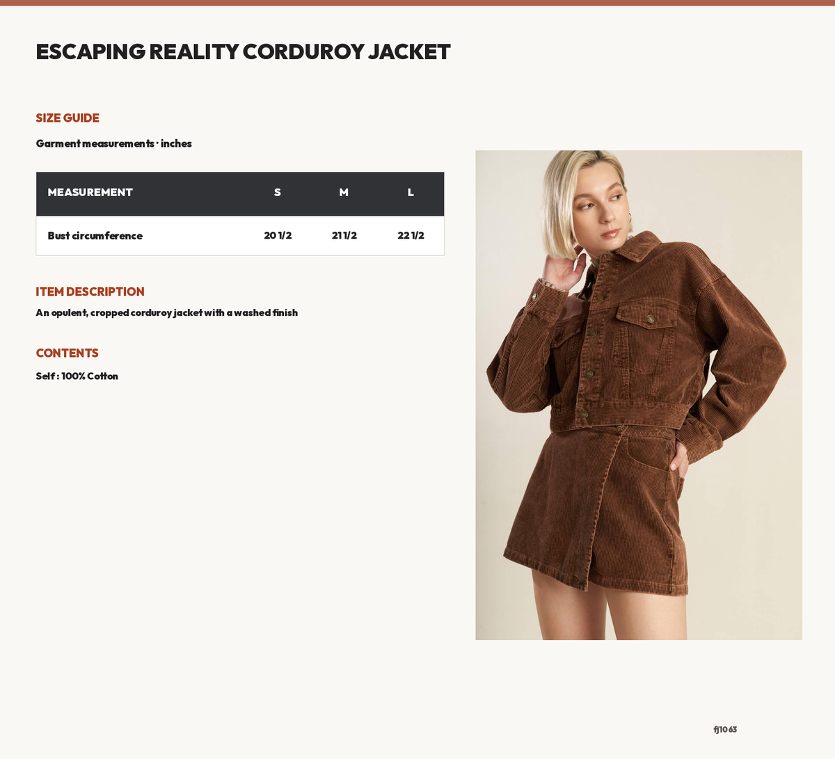 ESCAPING REALITY CORDUROY JACKET size chart