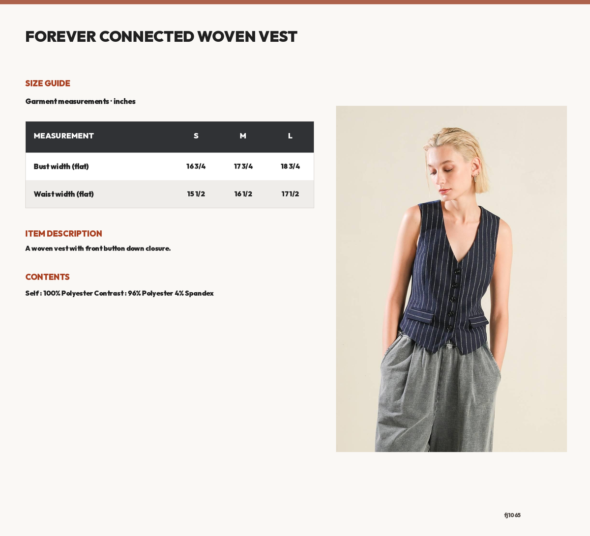 FOREVER CONNECTED WOVEN VEST size chart
