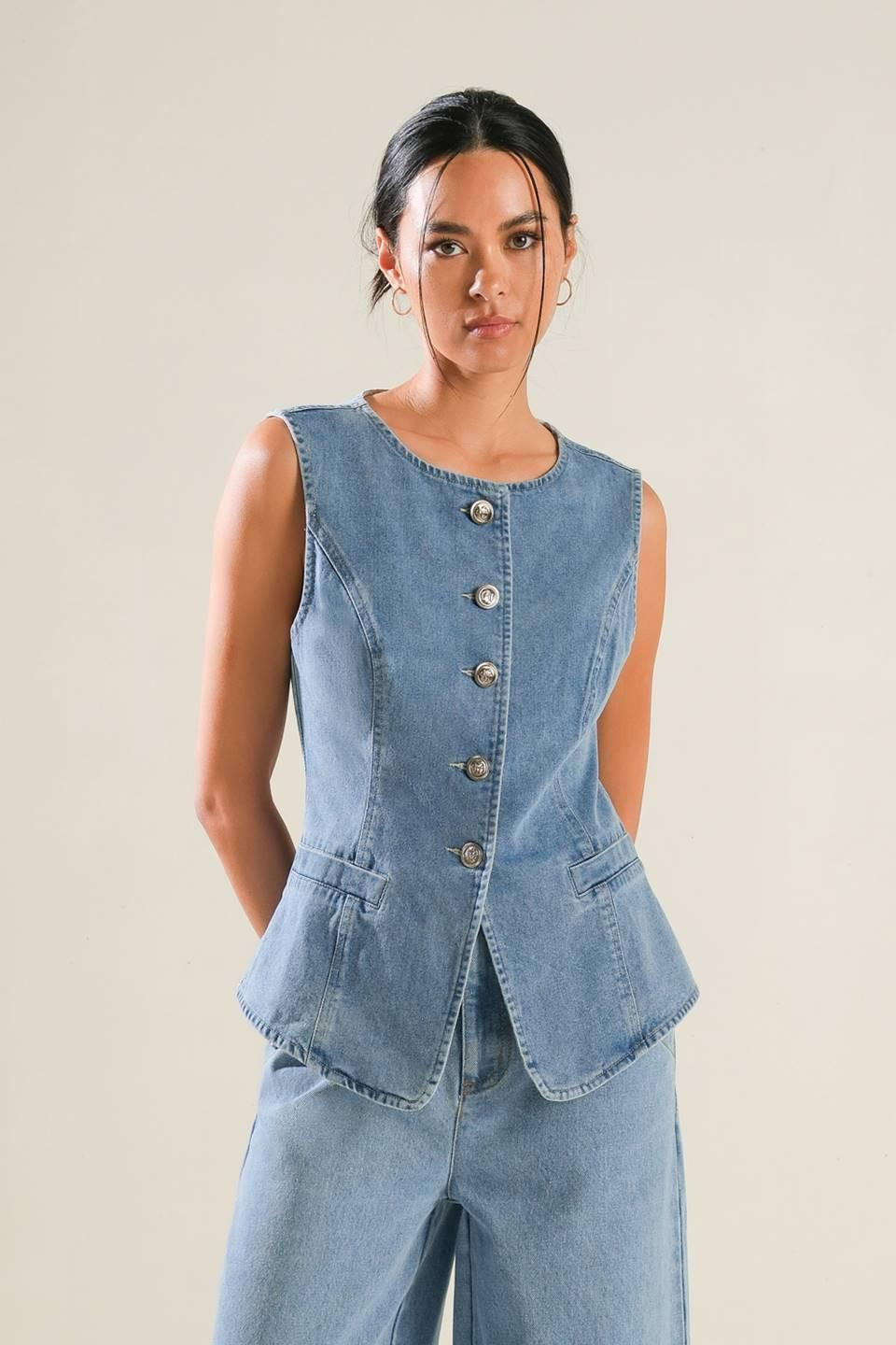ADVENTURE AWAITS DENIM VEST.
