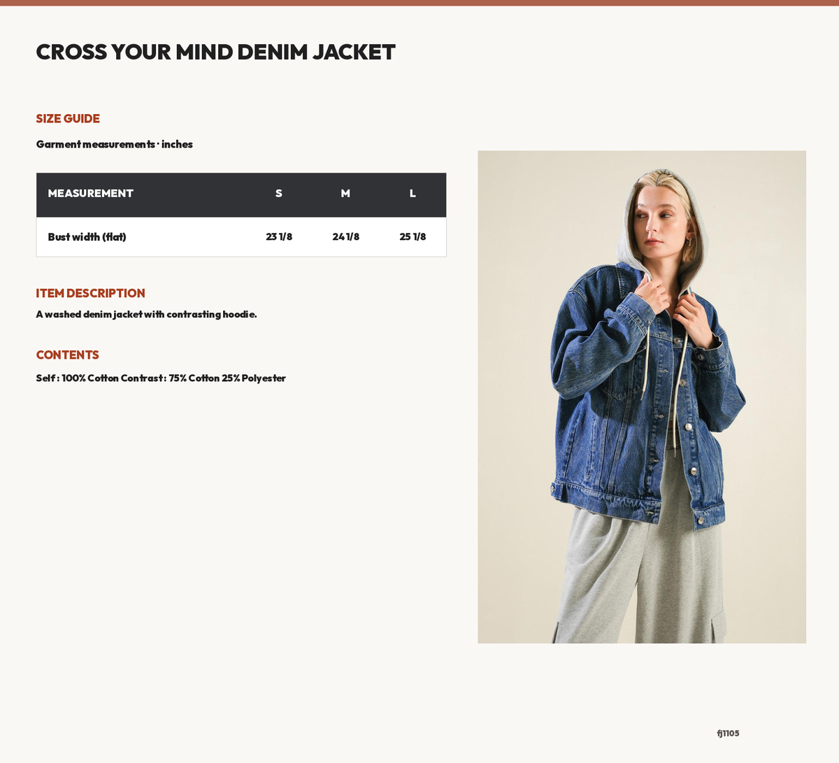 CROSS YOUR MIND DENIM JACKET size chart