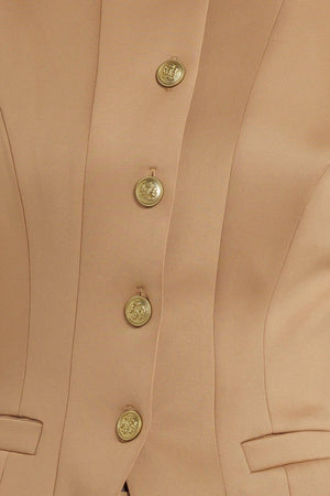 A solid woven vest featuring round neckline, sleeveless, front button down and pockets.