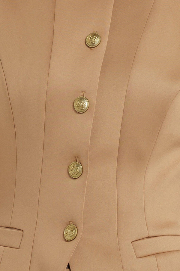 A solid woven vest featuring round neckline, sleeveless, front button down and pockets.
