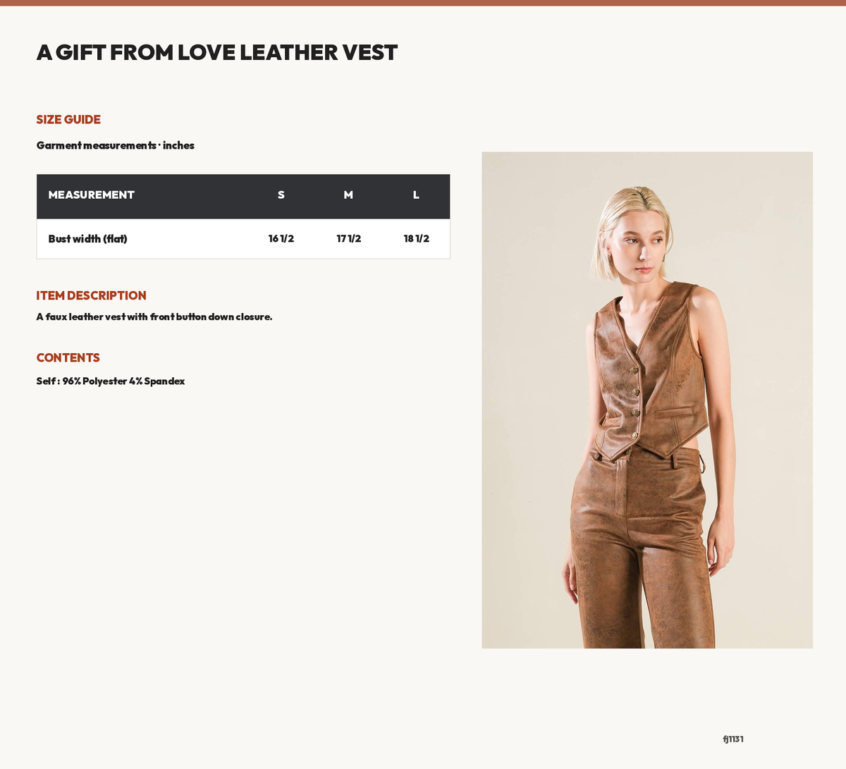 A GIFT FROM LOVE LEATHER VEST size chart