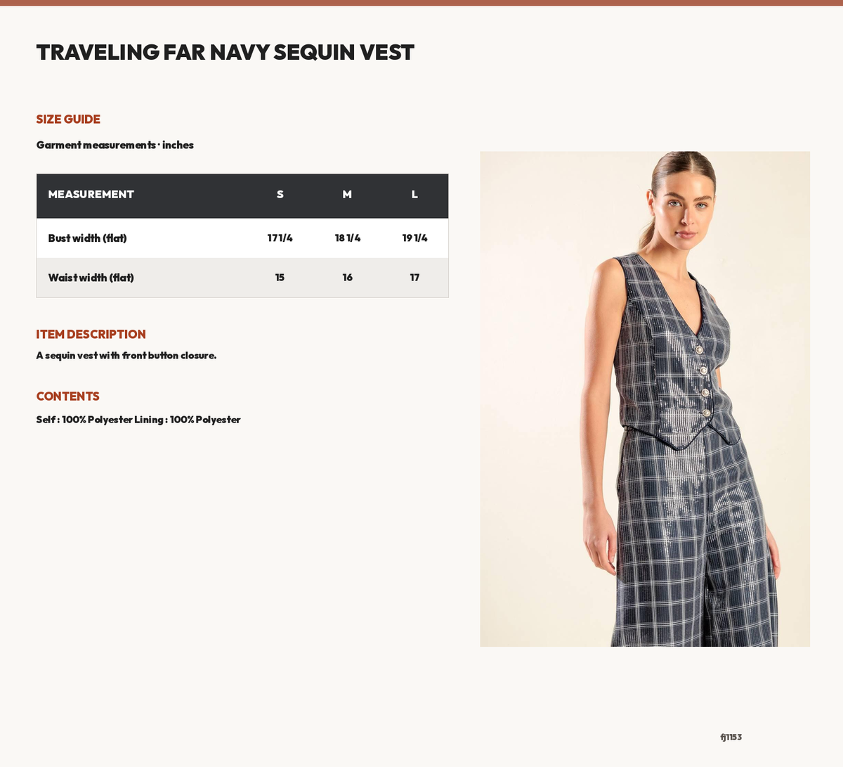 TRAVELING FAR NAVY SEQUIN VEST size chart