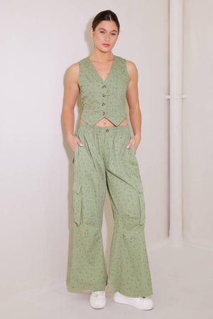 DRIFTING CURRENTS OLIVE WOVEN VEST.
