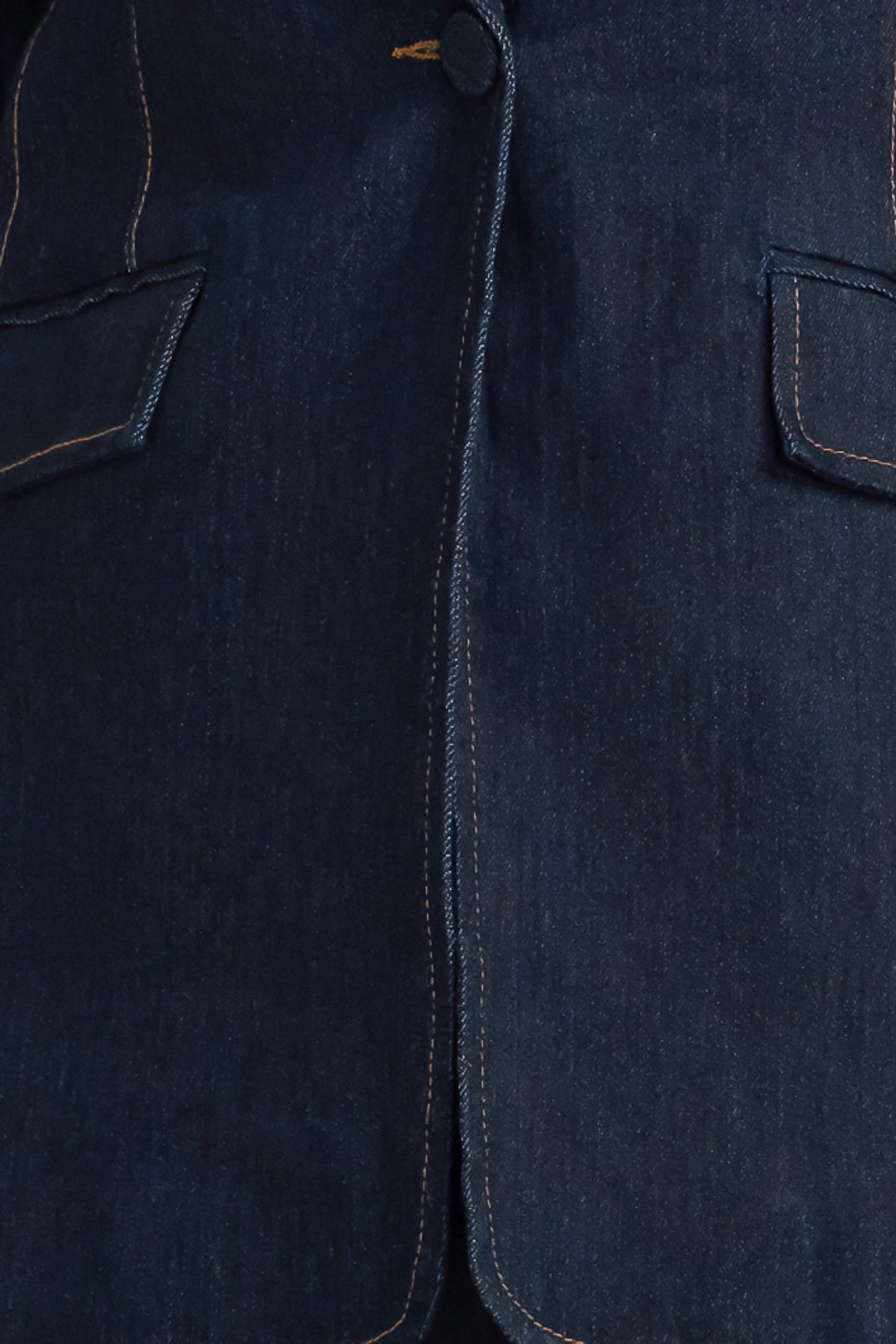 A denim blazer with single button closure and slit at sleeve
