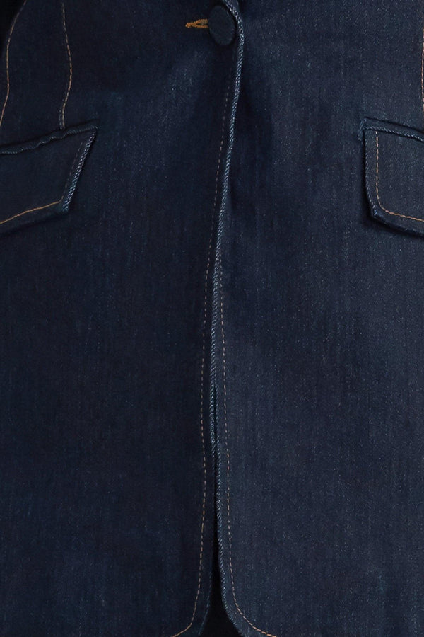 A denim blazer with single button closure and slit at sleeve