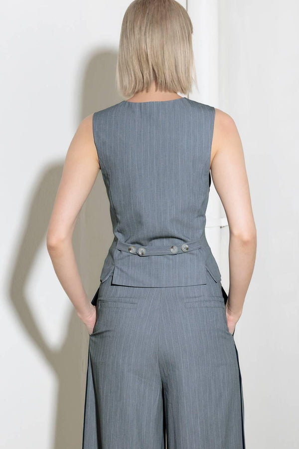 A grey striped woven vest with front button down.