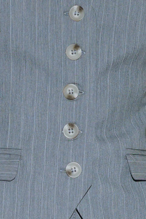 A grey striped woven vest with front button down.