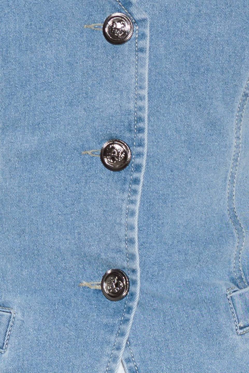 A washed denim vest with V neckline and front closure.