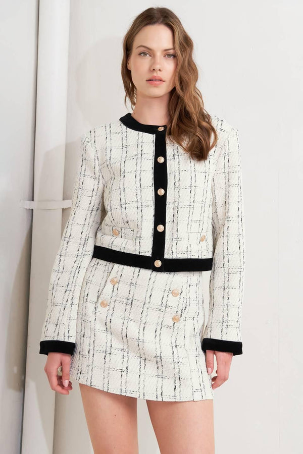 PARIS BOUND WOVEN TWEED CROP JACKET.
