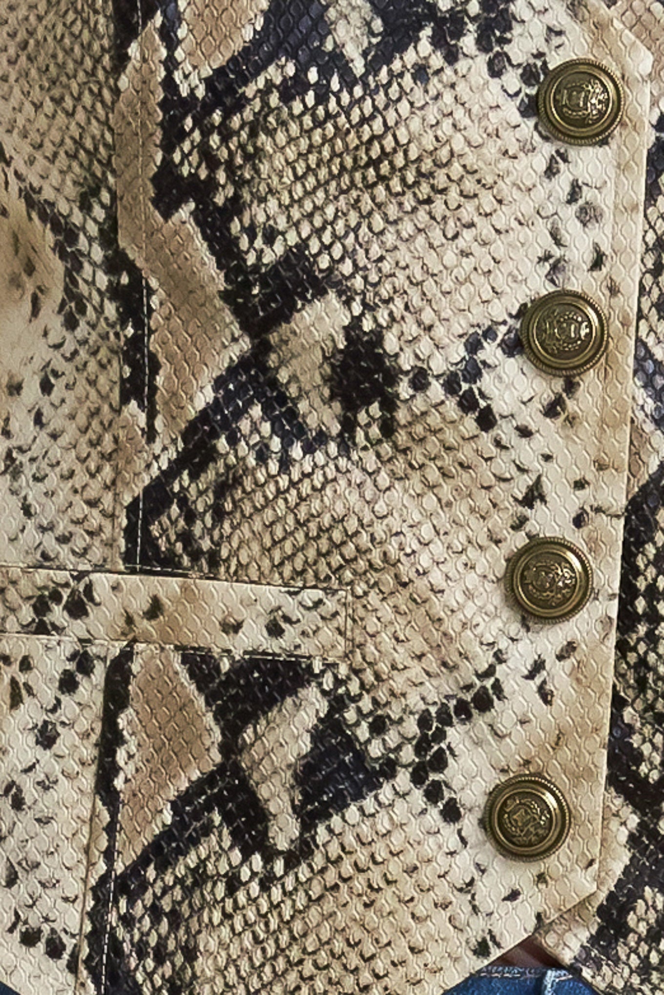 A snake-printed cropped faux leather vest with front button closure.