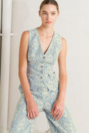 A woven bonded lace vest featuring V neckline, sleeveless and button down

Details:

Self: 50% Rayon 50% Polyester

Size & Fit

-Model is 5`8" And Wearing Size Small
-Measurements Taken From Size Small
-Approx. Length: 22"
