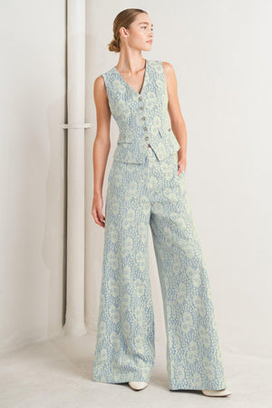 A woven bonded lace vest featuring V neckline, sleeveless and button down

Details:

Self: 50% Rayon 50% Polyester

Size & Fit

-Model is 5`8" And Wearing Size Small
-Measurements Taken From Size Small
-Approx. Length: 22"