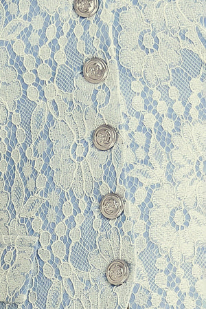 A woven bonded lace vest featuring V neckline, sleeveless and button down

Details:

Self: 50% Rayon 50% Polyester

Size & Fit

-Model is 5`8" And Wearing Size Small
-Measurements Taken From Size Small
-Approx. Length: 22"