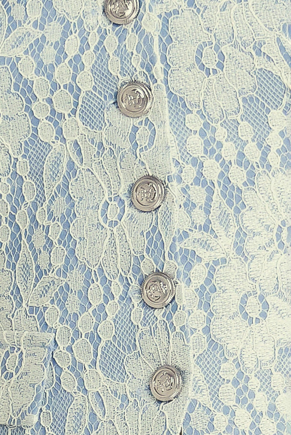 A woven bonded lace vest featuring V neckline, sleeveless and button down

Details:

Self: 50% Rayon 50% Polyester

Size & Fit

-Model is 5`8" And Wearing Size Small
-Measurements Taken From Size Small
-Approx. Length: 22"