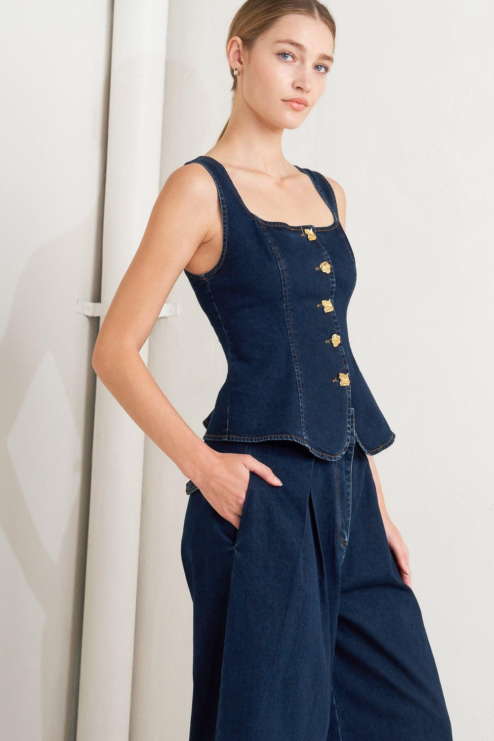 QUIET LUXE DENIM TOP.