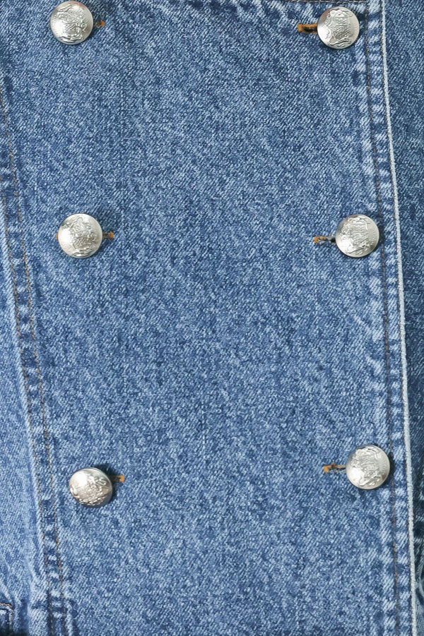 A washed denim jacket featuring round neckline, elbow sleeve, double button down and side pocket.