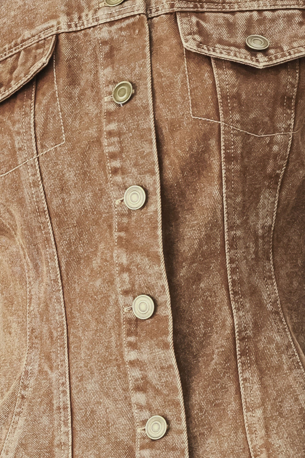 Woman wearing a washed brown denim jacket with round neckline and front button down | FREEMARKET