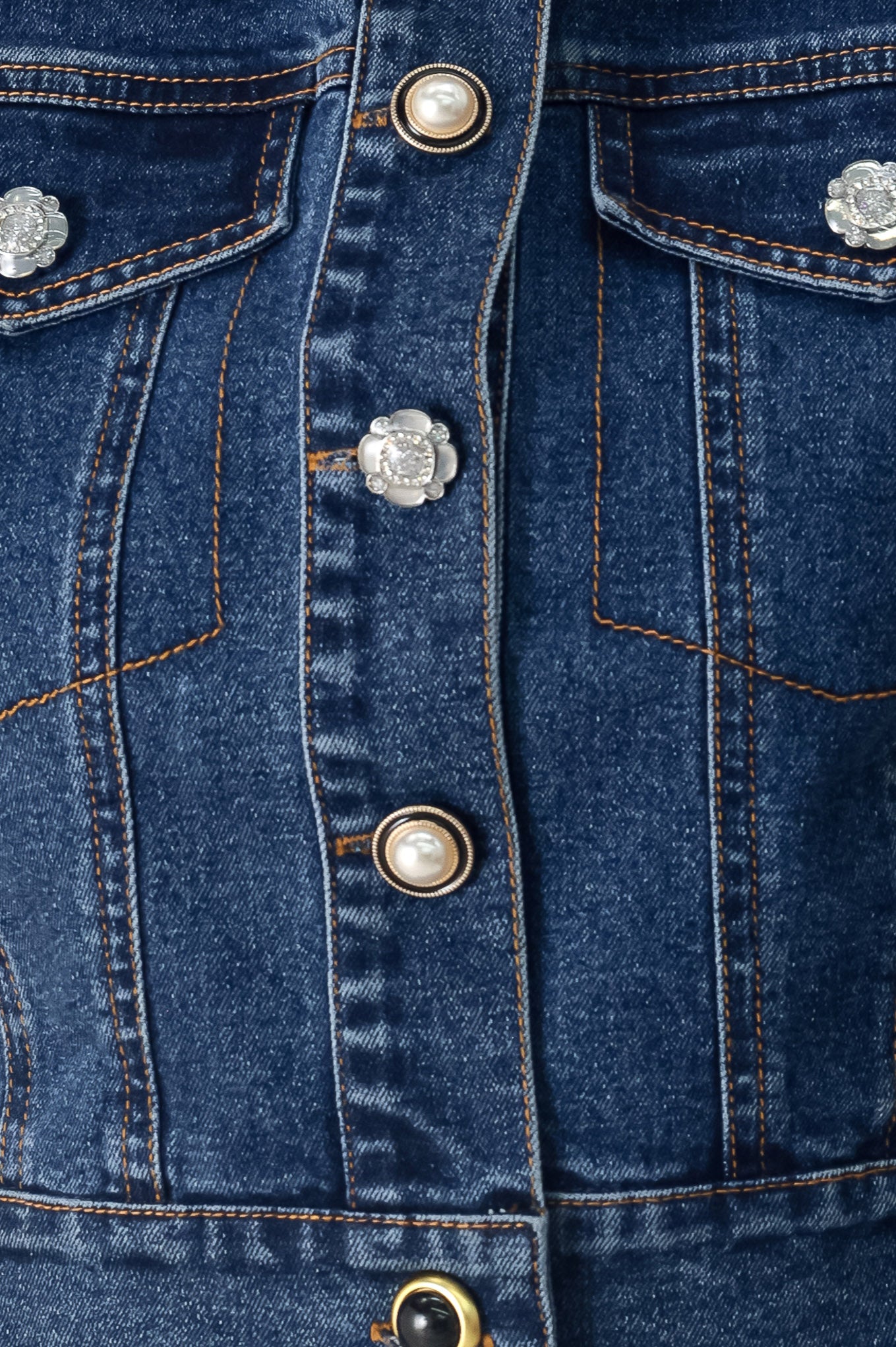 Close up of a blue denim cropped vest with front button down and sleeveless | FREEMARKET
