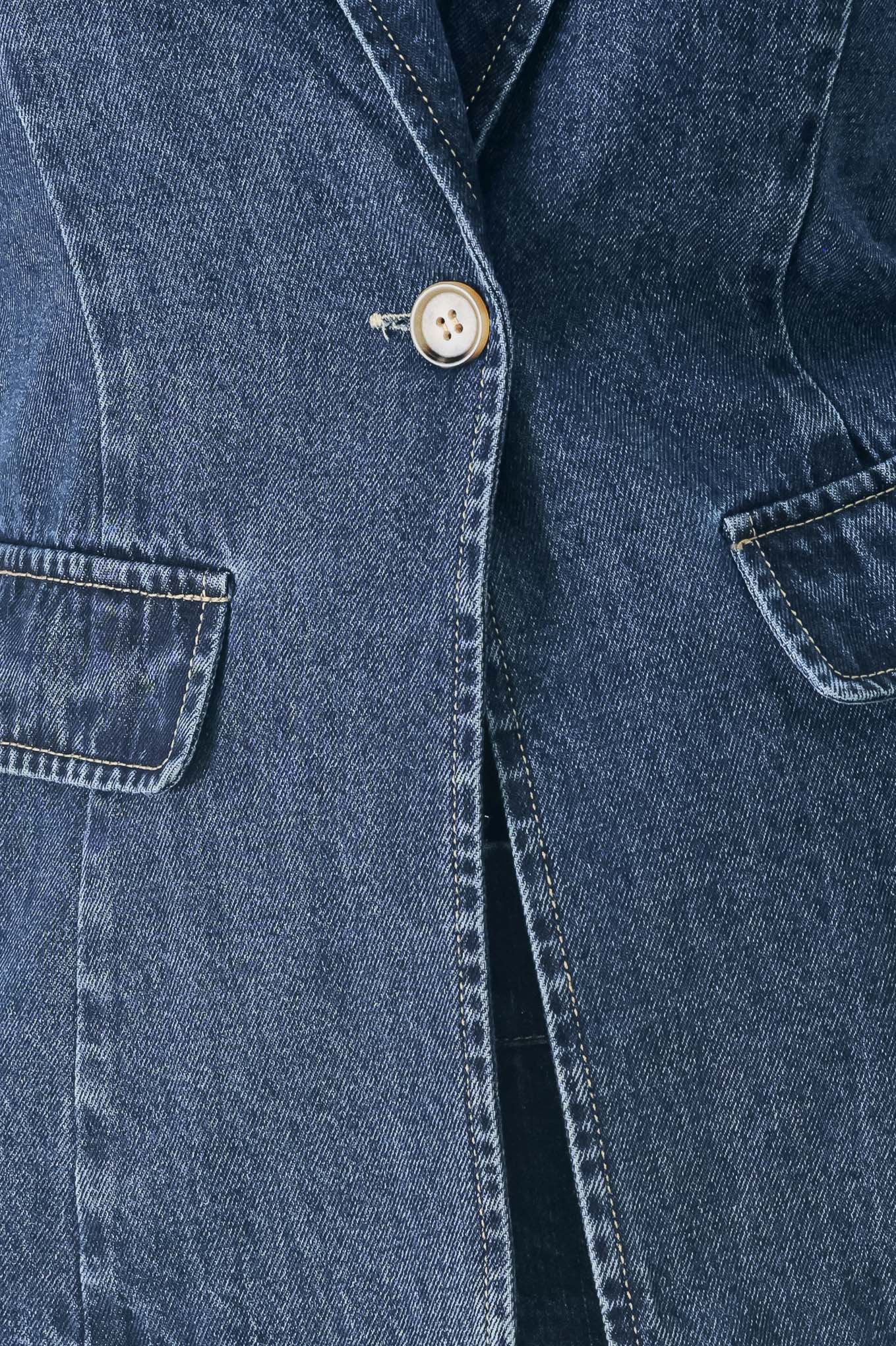 Woman wearing a short sleeve washed denim jacket featuring collar, deep v-cut with a single front button closure | FREEMARKET