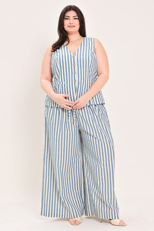 Woman wearing a a striped woven vest with front closure and sleeveless | FREEMARKET