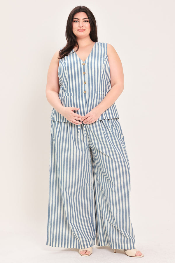 Woman wearing a a striped woven vest with front closure and sleeveless | FREEMARKET