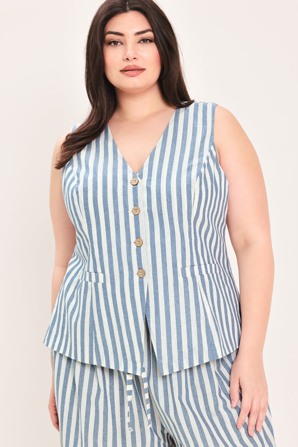Woman wearing a a striped woven vest with front closure and sleeveless | FREEMARKET