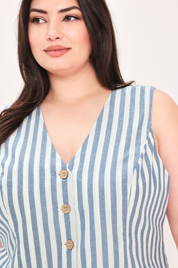 Woman wearing a a striped woven vest with front closure and sleeveless | FREEMARKET