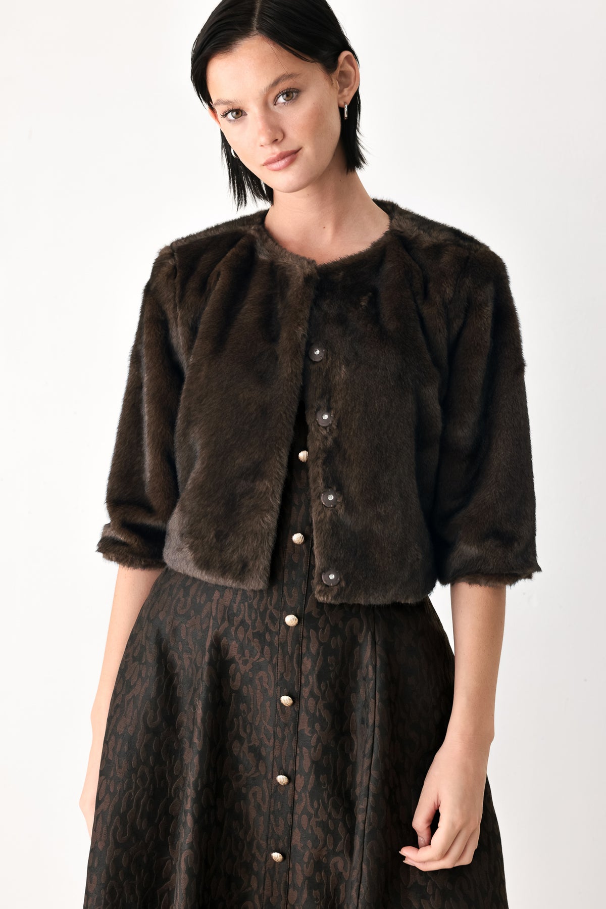 COCOON CHARM BROWN FAUX FUR CROPPED JACKET