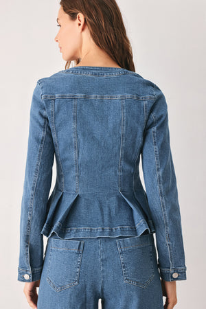 A woman wearing a cropped blue denim jacket with silver buttons and peplum waist | FREEMARKET