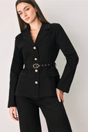 Woman wearing a black denim blazer jacket with gold tone buttons, waist  belt and faux front pockets | FREEMARKET