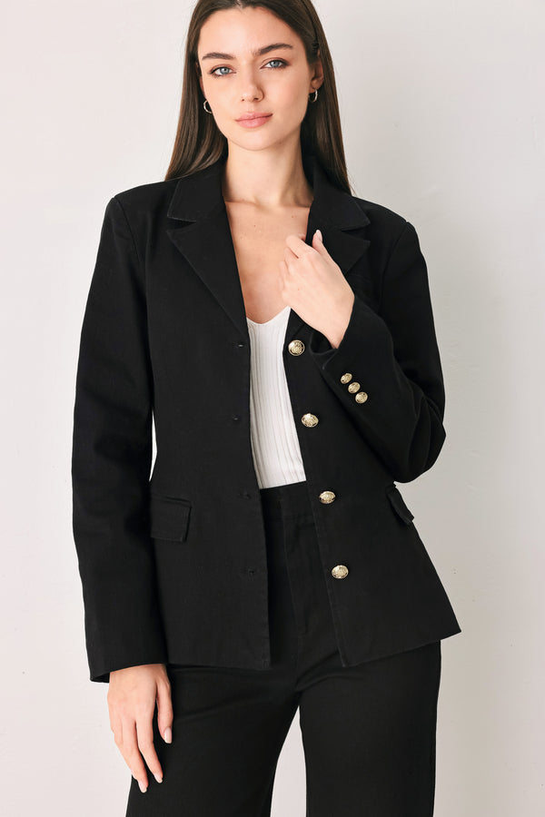 Woman wearing a black denim blazer jacket with gold tone buttons, waist  belt and faux front pockets | FREEMARKET