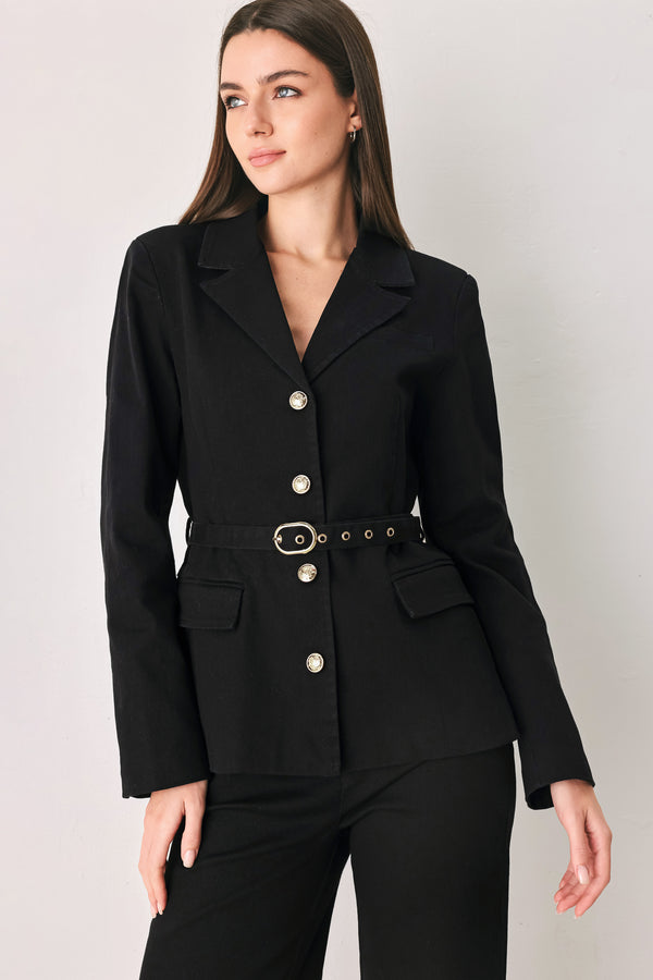 Woman wearing a black denim blazer jacket with gold tone buttons, waist  belt and faux front pockets | FREEMARKET