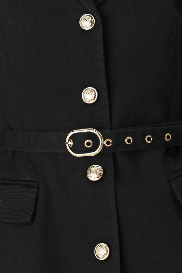 Woman wearing a black denim blazer jacket with gold tone buttons, waist  belt and faux front pockets | FREEMARKET